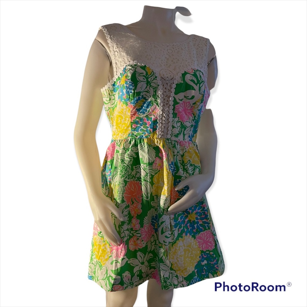 Lilly Pulitzer Raegan Dress Hibiscus Stroll Green Yellow 12 NWT $238